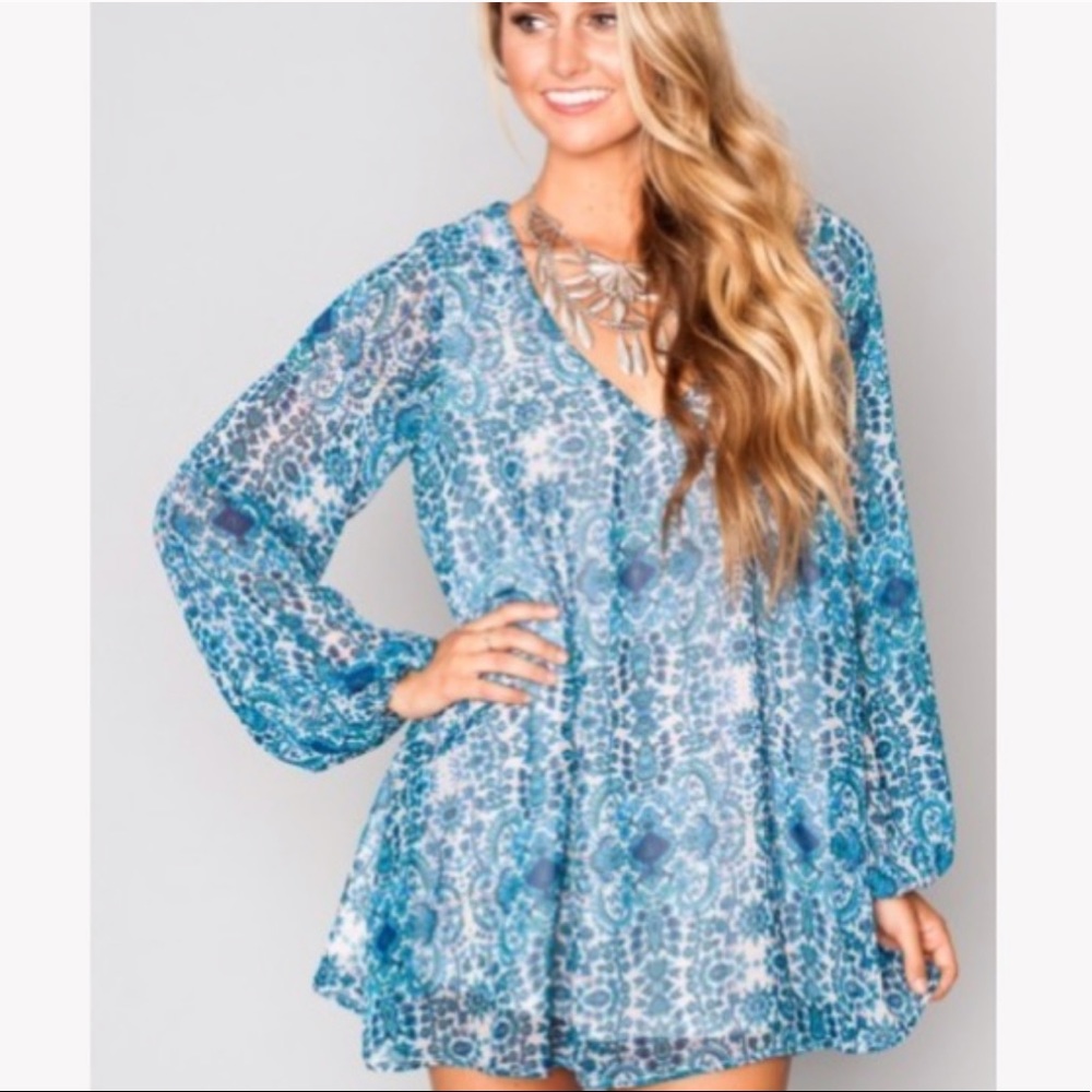 Show Me Your Mumu Blue Patterned Long Sleeve Dress
